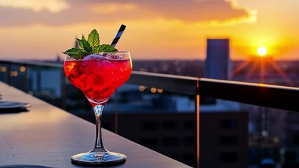 Enjoy a stunning cocktail against a beautiful sunset backdrop. This vibrant drink symbolizes relaxation and fun. Ideal for social events or evening parties. Generative AI