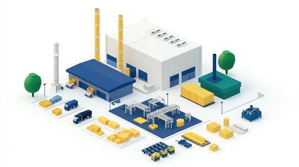 Obraz premium A colorful isometric illustration of a factory layout featuring machinery, storage, and equipment in an industrial setting.