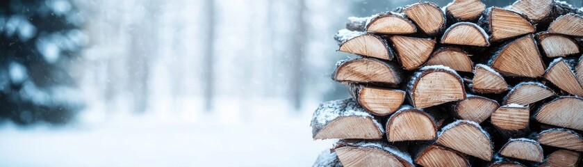 Fototapeta premium Stacked Firewood in Snowy Forest During Winter Season with Soft Focus Background of Frosty Trees