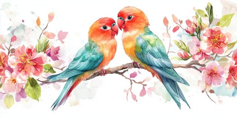 Obraz premium Colorful lovebirds perched on branch surrounded by blooming flowers in watercolor style