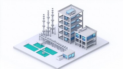 A modern industrial facility featuring multiple structures, pools, and tall chimneys, representing advanced manufacturing or processing capabilities.