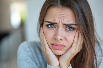 Naklejka premium Young woman with worried expression holding her cheeks in a cozy indoor setting. Generative AI