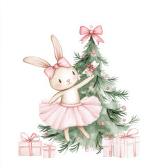 Obraz premium cute watercolor baby girl bunny with a pink tutu on with a bow in its hair decorating a Christmas tree. Wrapped gifts around the tree. Soft pastel colors. Art for baby nursery