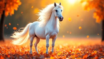 A beautiful white horse with flowing mane is running through an autumnal landscape.