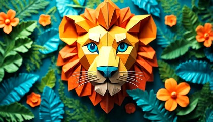 A paper lion's head surrounded by leaves and flowers.