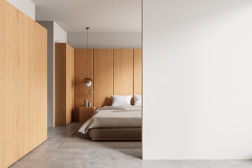 Minimalist bedroom interior with wooden paneling and blank white wall for design placement. 3D Rendering