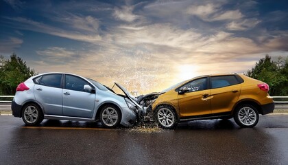 Fototapeta premium Collision of two cars on a highway at high speed causing extensive damage during dusk with dramatic cloud formations in the sky