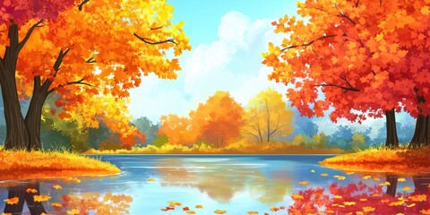 Naklejka premium Autumn landscape with vibrant orange and yellow trees reflecting in calm water