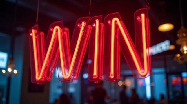 An elegant shot of a neon "WIN" sign displayed in a lively environment