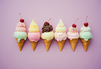 Colorful ice cream cones with sprinkles and cherries