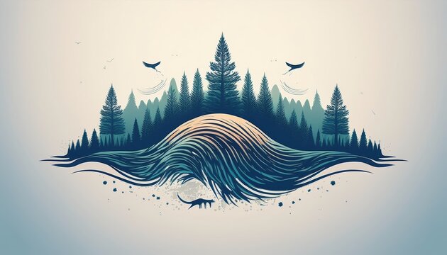 Minimalist logo design featuring sound wave symbols of whisper combined with nature elements like trees and waves, embodying serenity and harmony in the wilderness