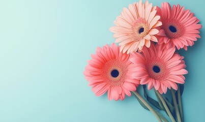 Colorful gerbera daisies bouquet on soft blue background for decoration and design
