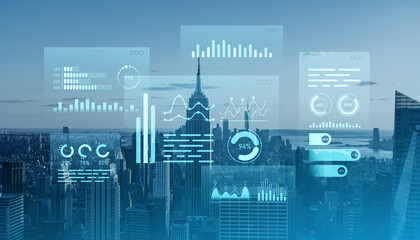 Digital data overlays on New York City skyline with financial graphics and charts.