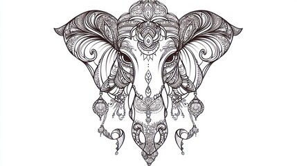 Fototapeta premium Ornate elephant head, detailed design, white background, spiritual art