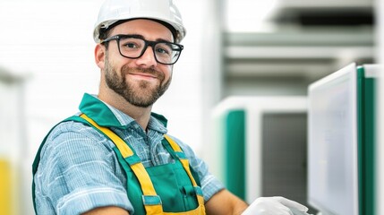 A smiling worker in safety gear and glasses stands confidently in a modern workspace, showcasing a professional and approachable demeanor.