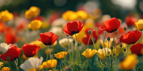Obraz premium Vibrant field of red and yellow poppies blooming in sunlight during spring season