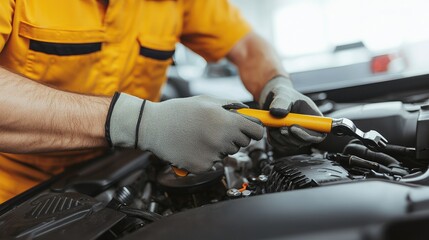 A mechanic in a yellow shirt works on a car engine using a wrench, showcasing automotive repair and maintenance skills.