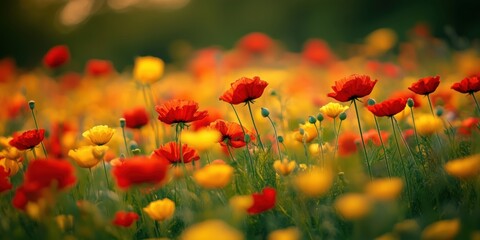 Obraz premium Vibrant field of red and yellow poppy flowers in soft evening light