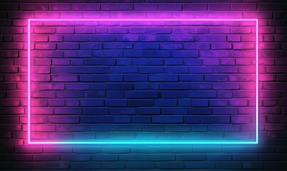 Neon frame on dark brick wall background for creative designs and advertisements