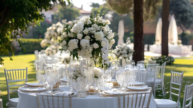 Elegant outdoor wedding reception with beautifully arranged tables and floral centerpieces in a garden