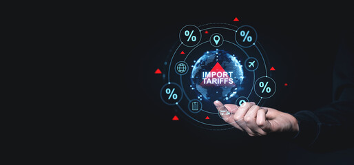 Fototapeta premium Import tariffs increase concept with digital interface and percentage symbols.