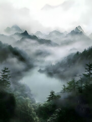 Misty Mountain Lake: A Serene Escape into Nature's Embrace