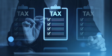 Digital holographic tax checklist on clipboard, concept for financial management.
