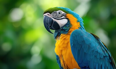 Obraz premium Vibrant macaw parrot with striking blue and yellow feathers in lush green background