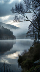 Fototapeta premium Misty lake landscape with silhouettes of trees and reflections under cloudy sky