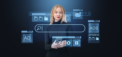 Woman using smartphone with futuristic web search and internet c