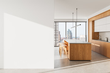 Modern kitchen interior with empty white wall for poster mockup. 3D Rendering