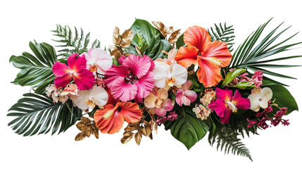 Exotic Hibiscus Floral Arrangement with Golden Tropical Leaves
