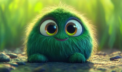 Fototapeta premium Cute green fluffy creature with big eyes in a vibrant grassy environment