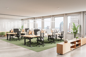 Modern open-plan office interior with wooden desks and ergonomic chairs. 3D Rendering
