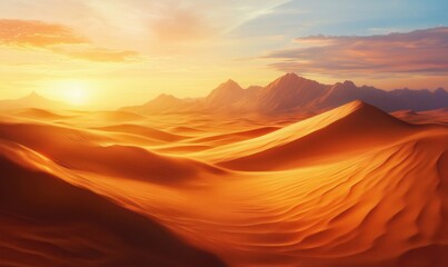 Naklejka premium Stunning desert landscape at sunset with golden sand dunes and distant mountains