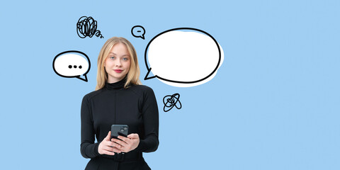 Woman holding phone with speech bubbles on blue background.