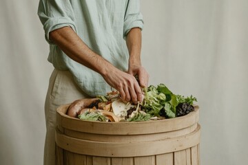 A person adds vegetable scraps and leafy greens to a wooden compost bin, practicing sustainable waste management.