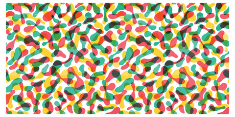 Colorful abstract pattern featuring overlapping blobs in red, yellow, green, and black on a white background.