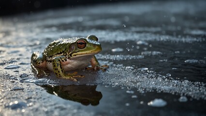 Frog with quiet vigilance resting near reflective water
