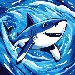 Smiling shark swimming in sea waves for children's books or educational purposes