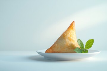 A crispy, golden-brown samosa, garnished with fresh mint, rests on a white plate.