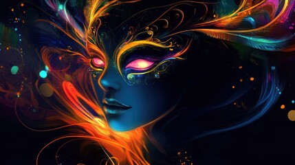 Abstract vibrant woman face with glowing mask and colorful fire-like details.