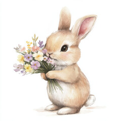 A cute bunny holding flowers, vintage watercolor tones, light tones, white background,