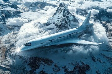 Fototapeta premium Supersonic Jet Flying Over Snowy Mountain Peaks