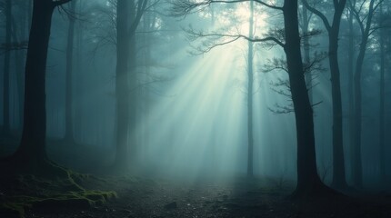 Fototapeta premium Mystical Foggy Forest with Sun Rays