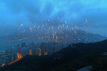Obraz premium Hong Kong Cityscape at Dusk with Fireworks Rain