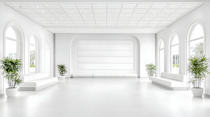 Fototapeta premium Spacious white minimalist lobby features arched windows, comfortable benches, and green potted plants under bright natural light.