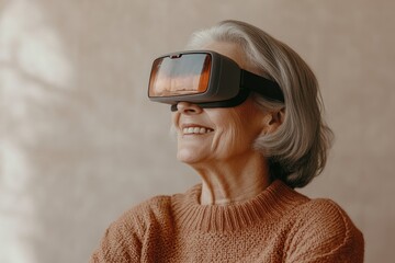 An elderly woman with gray hair smiles while experiencing virtual reality.