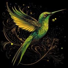 Obraz premium Hummingbird in flight with gold pattern design on black background for artistic, decorative use