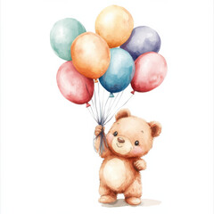 Naklejka premium a watercolour illustration of a cute baby bear holding a bunch of colourful balloons, hand painted style, birthday celebrations, pastel colours.